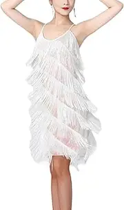 [Tadill] Women's Sequin Tassel V-Neck Rumba Ballroom Party Dress, White, L
