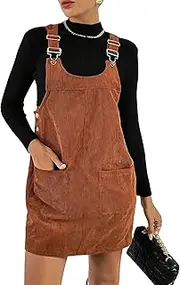 [WDIRARA] Women's Corduroy Overall Mini Dress Adjustable Straps Sleeveless Slim Fit Casual Dresses with Pockets, Brown, Medium