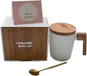 [YOZRAN] Wooden Handle Ceramic Coffee Mug with Lid, 300ml Couples Coffee Cup Set Birthday Gifts for Him Her, Rustic Tea Cup for Home & Office Wedding Presents (White)