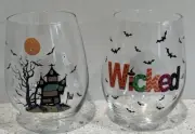 Halloween Wine Glasses Stemless Set Of 2 “Wicked & Haunted House” 20 Oz NEW
