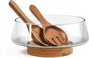 KITEISCAT Extra Large Glass Salad Bowl Set - Salad Bowls for Party with Acacia Wood Base and Salad Serving Utensils - Elegant and Practical Kitchen Must-Have