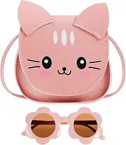 [AKOOSY] 1Set Cute Cat Crossbody Bag with Flower Sunglasses Adorable Kawaii Purse for Lightweight Kitten Shape Shoulder Bag for present for Fashion Lovers