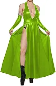 [EGEN] Sexy Halter Sleeveless High Split Slim Midi Dress PU Leather Dress with Gloves Slim Backless Long Dress Club Party Robe S-7XL (6X-Large,Fluorescent Green,6X-Large)