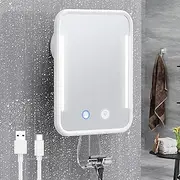 Gospire Heated Shaving Mirror for Shower Fogless with Light, Rechargeable Battery and Adjustable Brightness, Suction Cup and Razor Holder, Removable & NO-Drilling, Waterproof for Bathroom (White)