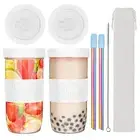 2 Pack Boba Cup Bubble Tea Cup 710ML Wide Mouth Smoothie Cups with Lid & Straws