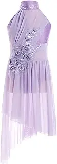 [Kvysinly] Kids Girls Sparkly Rhinestone Halter Lyrical Contemporary Modern Dance Dress Ballet Skirted Leotard Dancewear