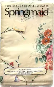 Vtg Springmaid 2 Standard Pillow Cases Multi Floral No Iron Tulip Daisy White