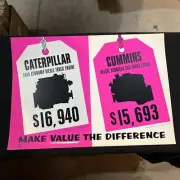 Vintage CAT vs Cummins Sign NOS - Morale Poster - Diesel Engine Comparison 3406