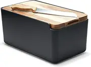 Bliss Gifts & Homewares Hudson Bread Bin with Wooden Cutting Board Lid & Knife I Plastic Bread Storage Container I Countertop, Space-Saving & Durable I Modern Vintage Kitchen Décor (Black)