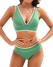 [DaiLiWei] Push Up Bikini Sets Women Two Piece V Neck Bathing Suit Color Block Triangle Bikini Top Full Coverage Bottom