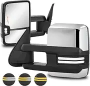 AUTOSTARSHIP Towing Mirrors w/Power Heated Compatible for 2003-2006 Chevy GMC Yukon Serria Silverado Tahoe Suburban w/Sequential Turn Signal Light + Reverse Light + White Running Light - 2 PCS(Chrome)