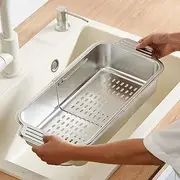 Over the Sink Colander Strainer Basket,Extendable Colander-Stainless Steel,Suitable for Wash Vegetables and Fruits, Drain Cooked Pasta and Dry Dishes, New Home Kitchen Essentials, Large