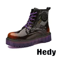 在飛比找momo購物網優惠-【Hedy】厚底馬丁靴 馬丁靴/復古印花帆布拼接亮漆皮厚底潮