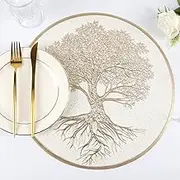 LeoLeoxx Gold Round Pressed Vinyl Placemats Set of 8, Round Table Placemats Easy to Clean Waterproof Dining Table Mat for Kitchen Family Gatherings Dinners Business Occasions (Gold,Set of 4)