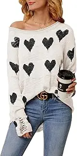 [Chang Yun] Women Off Shoulder Knitted Pullovers Sweater Loose Long Sleeve Hearts Printed Ripped Tops