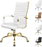 [ALFORDSON] Office Chair with Height Adjust SGS Listed Gas Lift, PU Leather Home Ergonomic Desk Chair with Removable Armrest Cover, Padded Seat Computer Gaming Chair, Max 150kg(High Back Gold White)