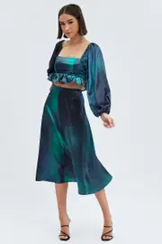 Green Print Midi Skirt High Waisted A-line Panelled Satin - Size 14, Women's A Line Skirt