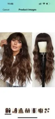 Lativ Brown Wig with Bangs Long Wavy Wig with Dark Roots