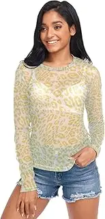 [RPLIFE] Leopard Animal Print Yellow Mesh Tops, Sexy Mesh Tops for Women S-XXL