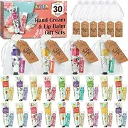 30 Sets Hand Cream Bulk and Lip Balm Bulk Set, Bridal Shower Gifts for Guests with Organza Bag Thank You Card, Bridal Wedding Favors for Guests, Thank You Gifts for Coworkers Women Men