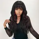 Black Wig with Burgundy Highlight Wig with Bangs Long Wavy Wigs for Women 22 ...