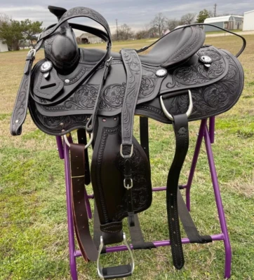 WESTERN Argentinian leather horse saddle , fully hand tooled with silver conchos