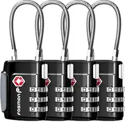 Fosmon TSA Approved Cable Luggage Locks (4-Pack), 3-Digit Combination Padlock, Lock with Alloy Body & Release Button for Travel Bags, Suitcases - Black