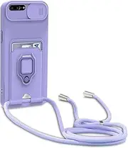 Dllatui Mobile Phone Case Compatible with iPhone 8 Plus/7 Plus/6S Plus/6 Plus, Collar Lanyard, Silicone Case with Camera Protection Slider, Rotating Stand with Card Slot, Necklace Case (Purple)
