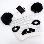 Black + White Double Knit Panda Bear Beanie Animal Hat w/Poms