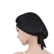 Mulberry Silk Sleep Cap with Adjustable Ribbons Silk Bonnet-Black