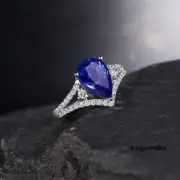 Real Blue Sapphire 2.61CT Pear Shape Engagement Jewelry Ring 14K White Gold Over