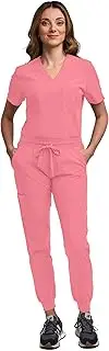 [Green Town] Scrubs for Women Scrub Set - Jogger Pant and Tuck-in V-Neck Top, 5 Pockets, Yoga Waistband, Nursing Uniform, Pink Rose, Large