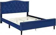 Priceworth Jessie Double Bed Frame, Stylish Bedroom Furniture, Velvet Fabric Upholstery, Solid Rubberwood Leg, Adjustable Headboard, Wooden Slatted Bed Base with Support, 115/125 H x 145 W x 203 D CM
