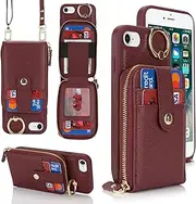 SunYoo for iPhone SE 2022 / SE 2020 Case Crossbody Shoulder Wallet Leather Cover with Card Holders Rotatable Ring Holder Kickstand Wristlet Strap Lanyard Phone Case for iPhone 8 7 Red