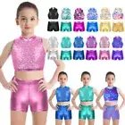 Kids Girls Dancewear Outfit Shiny Sequins Top + Shorts Jazz Tap Hip Hop Costume