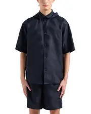 Emporio Armani Chevron Patterned Hooded Short Sleeve Button Down Shirt