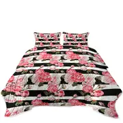 Black and White Stripes and Pinkish Roses Coverlet