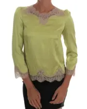 Dolce & Gabbana Lime Green Silk Blouse Lace Trim Women Tops