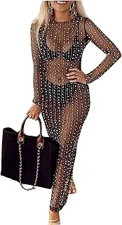 [Generic] Sexy Women Pearl Dress Sheer Mesh Pearl Rhinestone Cover up Dress Beach Bikini Coverups Black/Beige S Swimwear Cover Ups Pearl Cover Up Dress Beach Cover Up Bikini Cover Up for Women