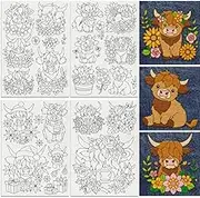 DOODLREAM Highland Cow Flower Water Soluble Hand Sewing Stabilizers 8.3 x 11.7 Inches Stabiliser for Embroidery Pattern with Cute Highland Cow 4 Sheets Embroidery and Stitch Paper with Flower Motif