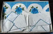 Blue Floral Tablecloth, 6 Napkins-Simtex By Stevens-New In Box (Some Box Damage)