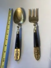 LARGE SIAM BRASS BUDDHA SERVING SET Thailand Fork Spoon Twisted Handle Wood 10”