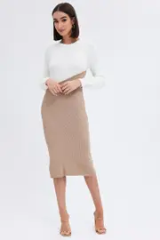 Beige Knit Dress Colour Block Midi - Size 16, Women's Knit Dress