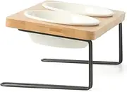 Elevated Cat Ceramic Bowls, Tilted Raised Food Dishes, Solid Wood Pet Bowl Stand for Cats and Small Dog, Dishwasher Safe, 6.2 * 3.4 * 4.9inch