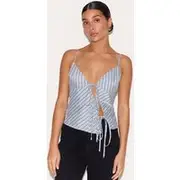 Petite Blue Pinstripe Tie Front Top, Blue