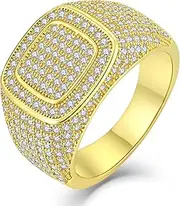 [Wisbal] 18K Gold Cluster Diamond Band Micropave Mens Bling Ring Square Crystal Zircon Little Finger Ring for Men