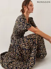 Monsoon Black Bryony Leaf Print 100% Cotton Midi Dress (H16899) | $196