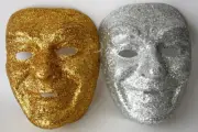 2x VINTAGE 90's GOLD & SILVER GLITTER SMILING FACE MASK HALLOWEEN CARNIVAL NEW !