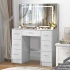White Vanity Makeup Table Dressing Desk With Large LED Lighted Mirror & 7 Drawer