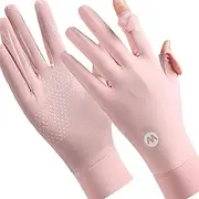 [Bvxchg] Women UV Protection Gloves, Thin Gloves Ice Silk Touchable Screen with Anti Slip Particles Fishing Cycling Hiking Gloves